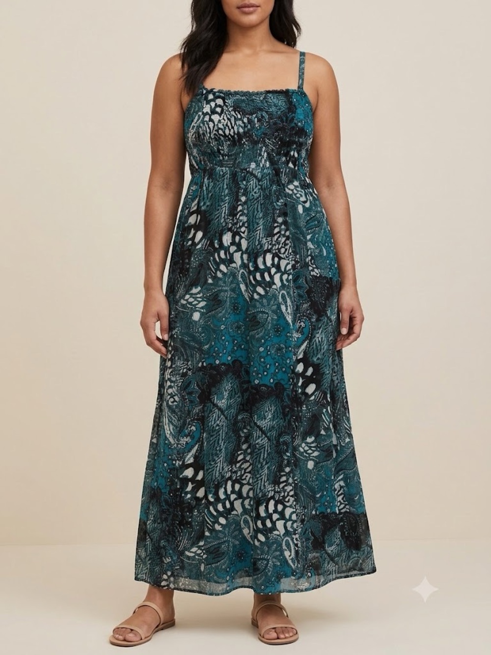Lane Bryant Boho Teal Cream Paisley Smocked Maxi Dress Removable Straps 14/16